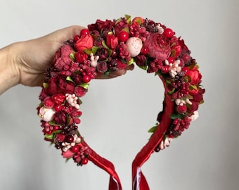 Ukrainian flower crown with ribbons, Red bridal headpiece, Burgundy hair wreath for bride, Traditional folk vinok, Floral wedding headband