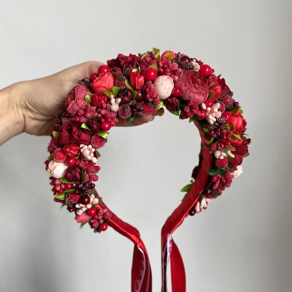 Ukrainian flower crown with ribbons, Red bridal headpiece, Burgundy hair wreath for bride, Traditional folk vinok, Floral wedding headband