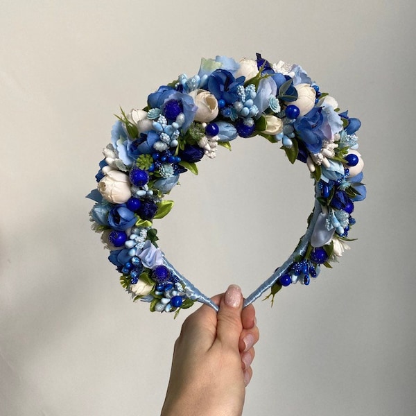 Navy blue flower crown for bride, Hydrangea and ranunculus bridal hairpiece, Bohemian bridal headband, Fantasy wedding hair wreath for her