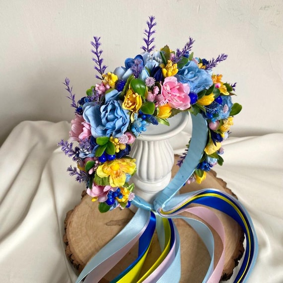 Blue and Yellow Bridal Headpiece With Pink Flowers, Wide  display picture 1
