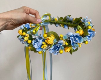 Traditional Ukrainian flower crown, Blue and yellow vinok for girl, Bright floral hairpiece, Handmade hair wreath for kids or adults