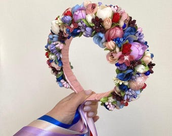 Purple flower crown with ribbons, Floral bridal headpiece, Cottagecore summer hair wreath, Ukrainian wedding headband, Blue bridal hairpiece