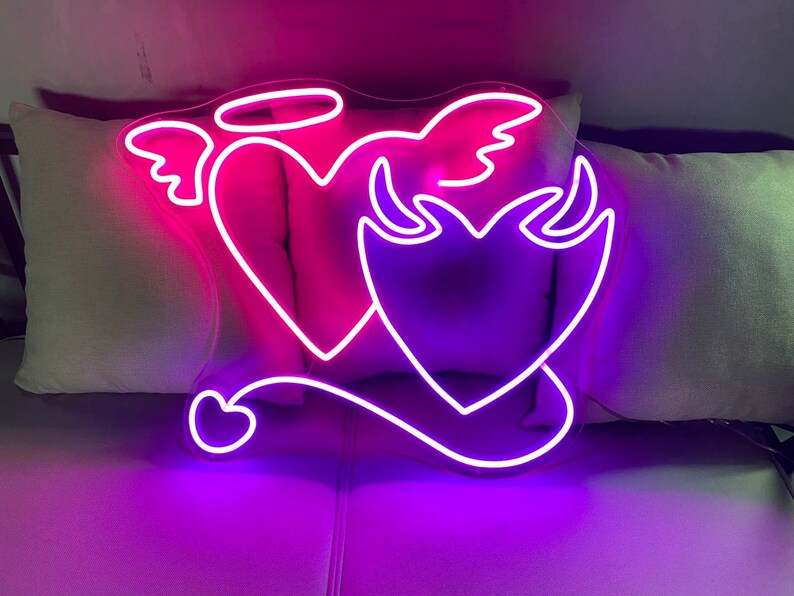 Angel and Demon in Love Heart Symbol Neon Sign Wedding Flex Led Neon Light Sign Custom Led Neon Sign Bridal Shower Christmas Gifts Idea image 2