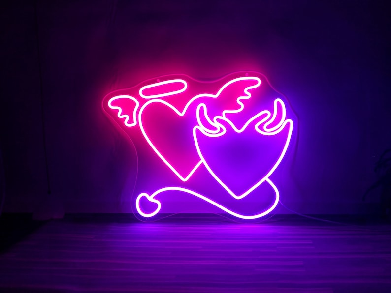 Angel and Demon in Love Heart Symbol Neon Sign Wedding Flex Led Neon Light Sign Custom Led Neon Sign Bridal Shower Christmas Gifts Idea image 1