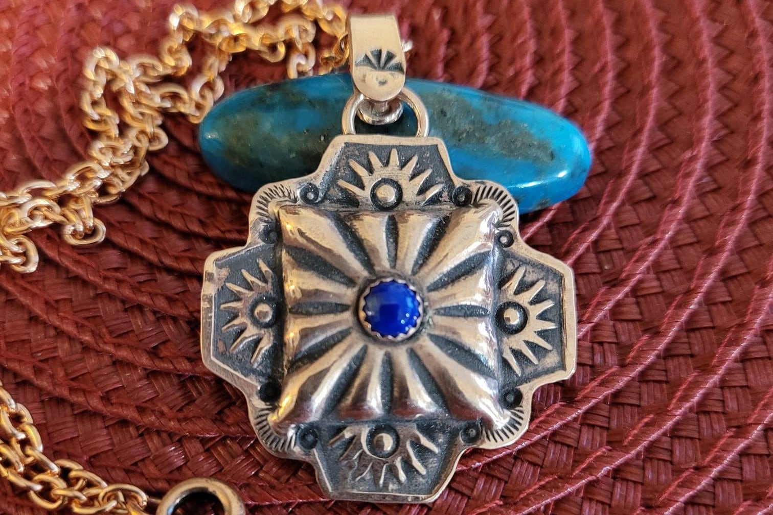 Hand-made Hand-stamped Square Concho Copper Pendant With