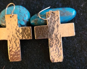 Handmade and Hammered Brass Cross Earrings with Sterling Silver earwires