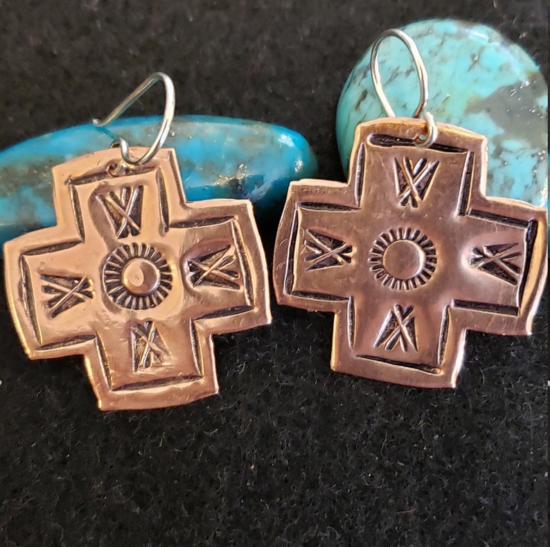 Hand-made Hand-stamped Southwestern Cross Earrings
