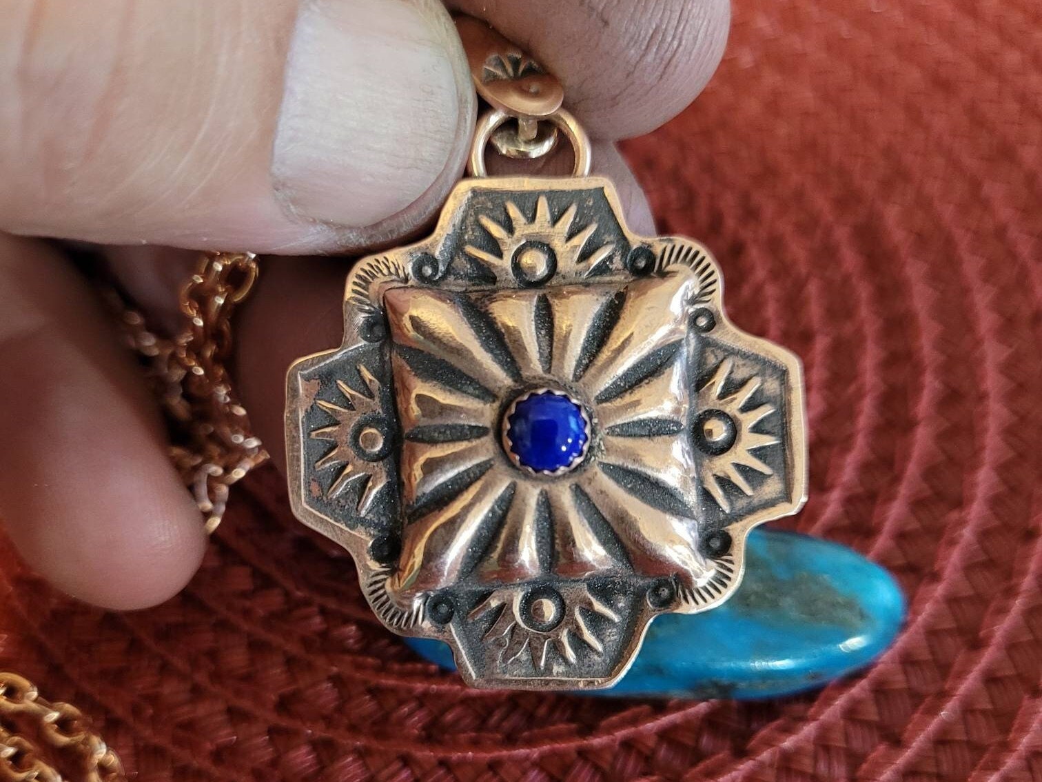 Hand-made Hand-stamped Square Concho Copper Pendant With