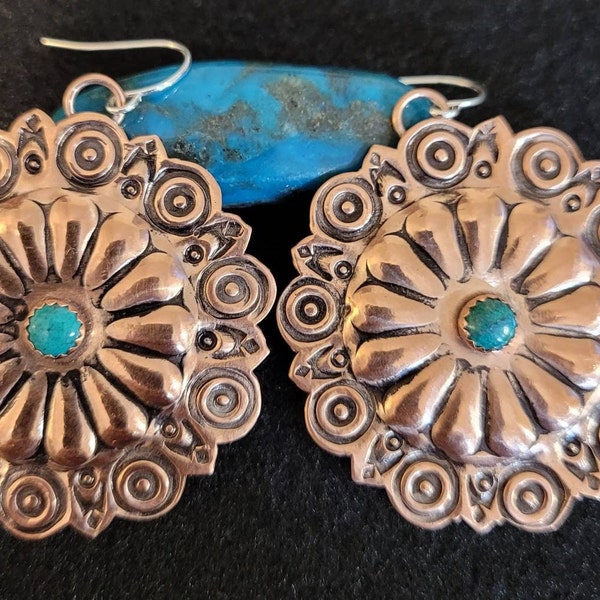 Hand-made Hand-stamped Concho Earrings with Chrysocolla