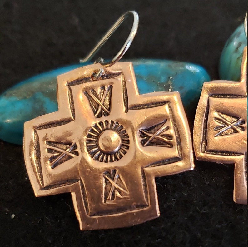 Hand-made Hand-stamped Southwestern Cross Earrings