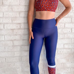 Wild fire high rise leggings with pocket navy blue and red animal print soft luxe fabric image 7