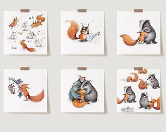 Set of 6 handmade postcards on premium paper. Squirrel and her friends. Cute animals. Unique artwork. Love, friendship, happiness, joy.