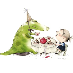 Happy Birthday Party. Digital Clipart Download. Handmade Cute Little Girl with Crocodile Illustration. Adorable and Funny Art