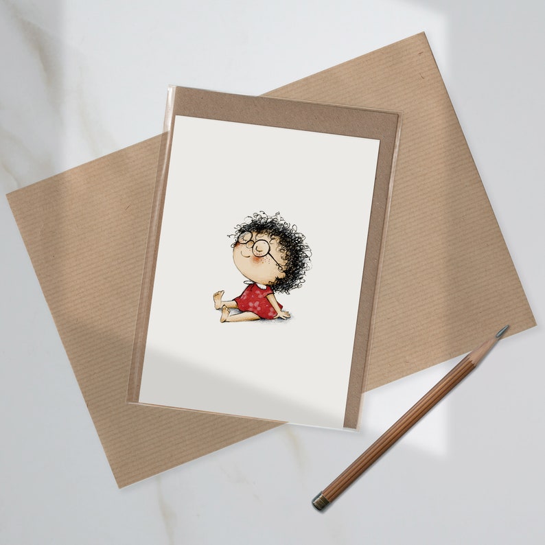 Unique artwork Happy and positive postcard to frame Handmade postcard on premium paper Original gift Cute little girl in meditation