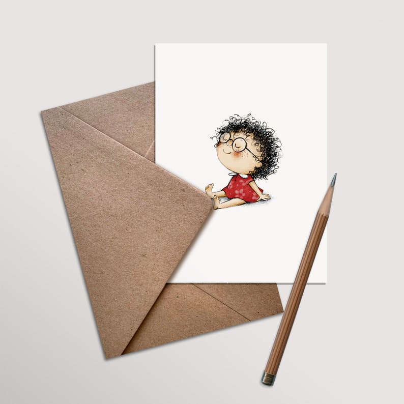 Unique artwork Happy and positive postcard to frame Handmade postcard on premium paper Original gift Cute little girl in meditation