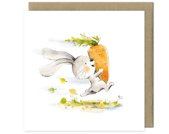 Carte postale faite à la main sur papier premium. Lapin mignon avec carotte. Happy Animal avec Present. Art de l’aquarelle dessinée à la main. Carte postale à encadrer