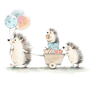 Clipart to download. Handmade illustration. Hedgehogs with presents and balloons. Happy birthday, birthday party, birthday invitation