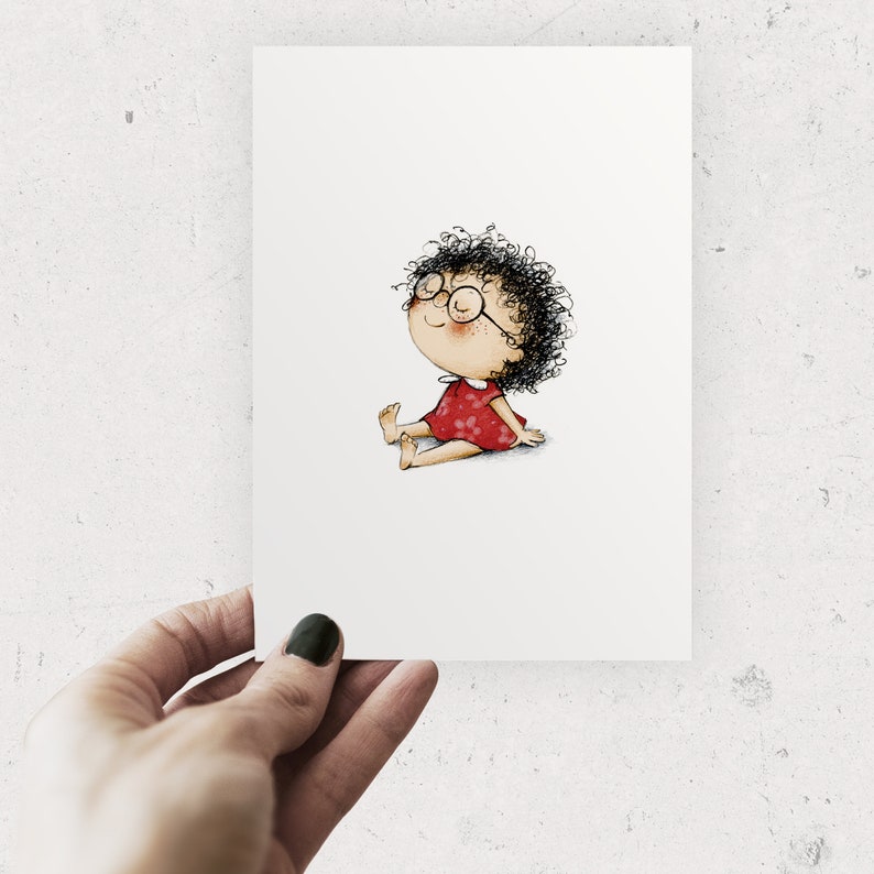 Unique artwork Happy and positive postcard to frame Handmade postcard on premium paper Original gift Cute little girl in meditation