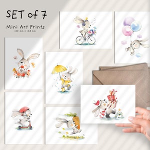 Set von 7 süssen Mini Art Prints mit lustigen Häschen