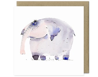 Handmade postcard on premium paper. Loose watercolor illustration. Happy Grey Elephant. Cute animal. Unique artwork to frame.