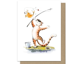 Handmade postcard on premium paper. Happy Tiger with Fish. Cute animal. Symbol of the New Year 2022. Watercolor illustration. To frame
