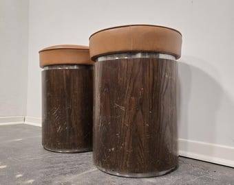 1970s Vintage Wooden Stool – Faux Leather Cushion & Aluminium Trim