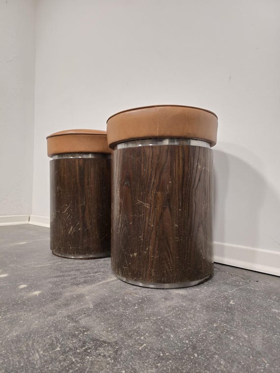 1970s Vintage Wooden Stool – Faux Leather Cushion & Aluminium Trim