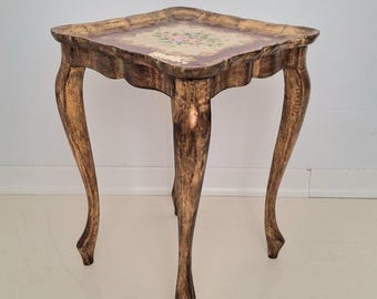 Mid-Century Italian Florentine Giltwood Side Table with Hand-Painted Floral Medallion