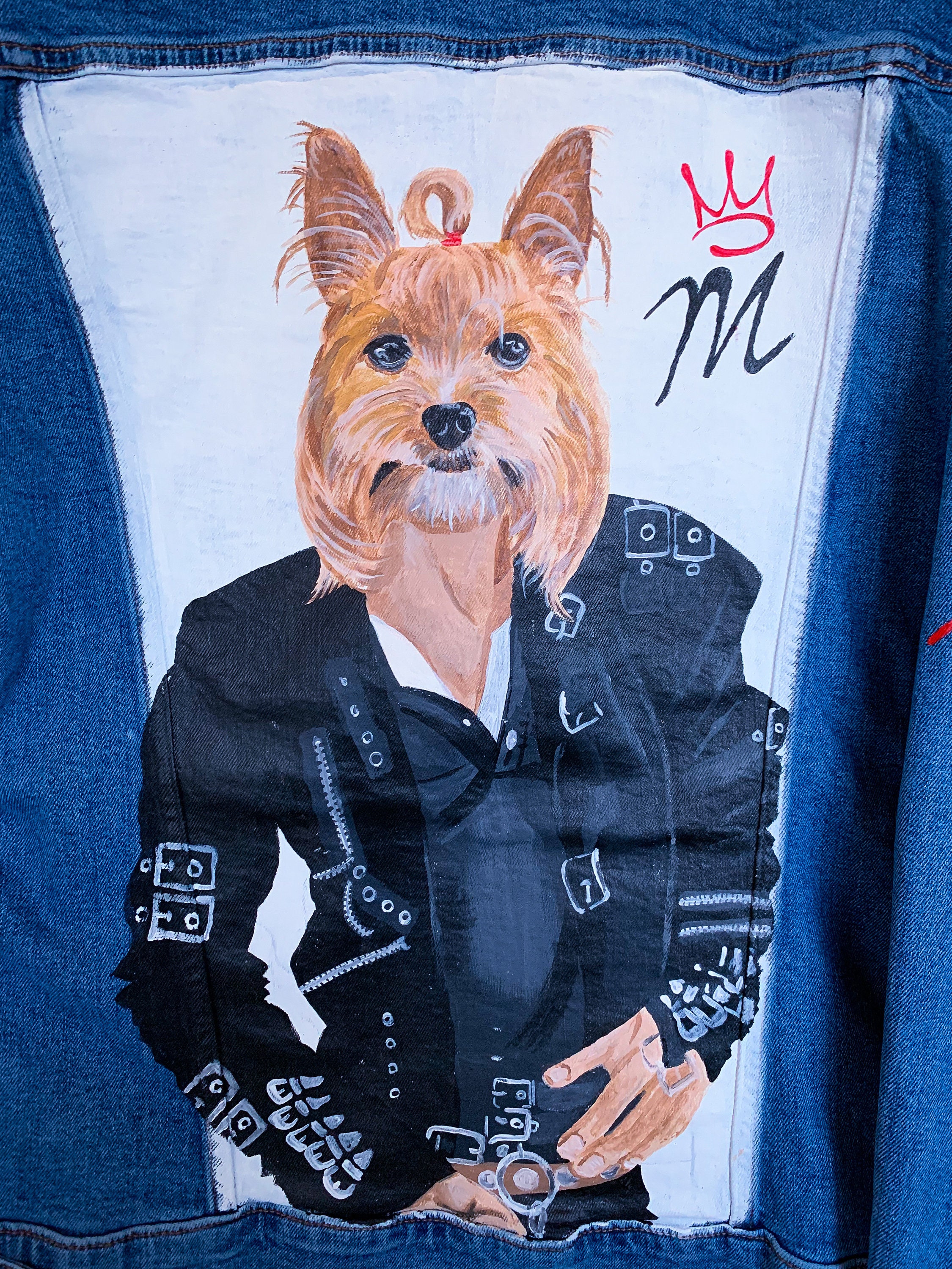 Michael Jackson Bad Hand Painted Denim Jacket Dog Face MJ Funny