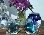 Murano glass sky blue fish paperweights pair