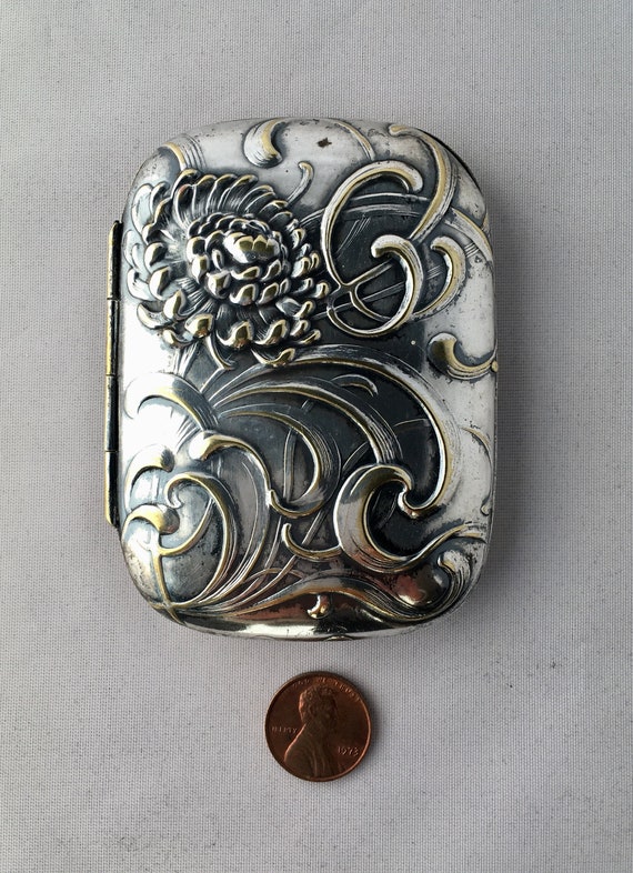 Antique Chrysanthemum Repousse Calling Card Case