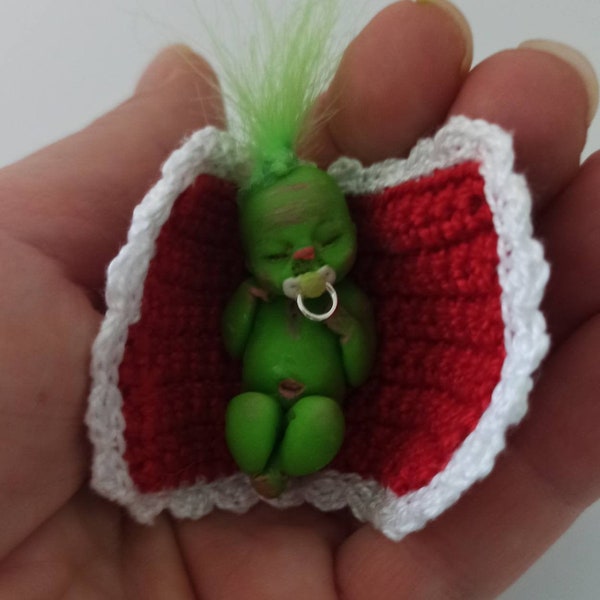 Micro Baby Grinch size 1.5" modeled with polymer clay, Baby grinch doll, fantasy baby polymer clay figurine,