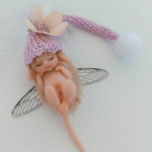 Little fairy baby with pink wool hat, realistic fantasy babies, 1:12 scale Micro newborn baby, Lovely Keepsake Gift, miniature baby image 2