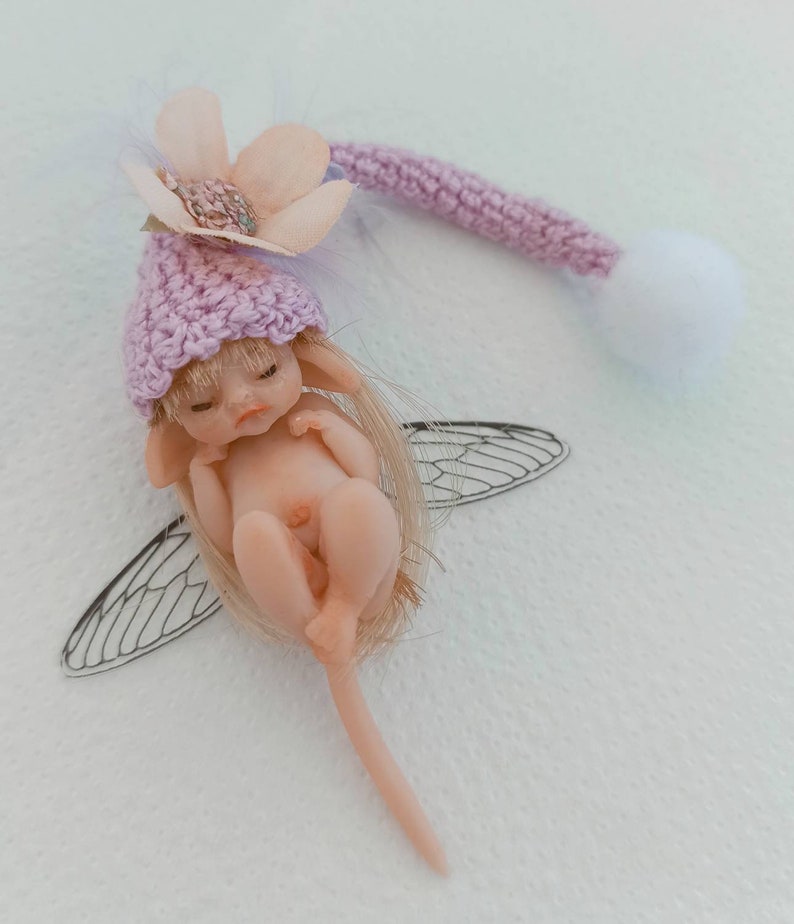Little fairy baby with pink wool hat, realistic fantasy babies, 1:12 scale Micro newborn baby, Lovely Keepsake Gift, miniature baby image 2