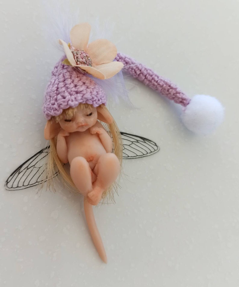 Little fairy baby with pink wool hat, realistic fantasy babies, 1:12 scale Micro newborn baby, Lovely Keepsake Gift, miniature baby image 7