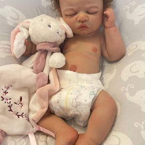 May include: A realistic baby doll with brown curly hair, wearing a nappy, and lying on a grey patterned surface. The doll is holding a white and pink plush bunny and a matching blanket with floral embroidery.