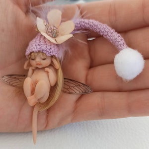 Little fairy baby with pink wool hat, realistic fantasy babies, 1:12 scale Micro newborn baby, Lovely Keepsake Gift, miniature baby image 3