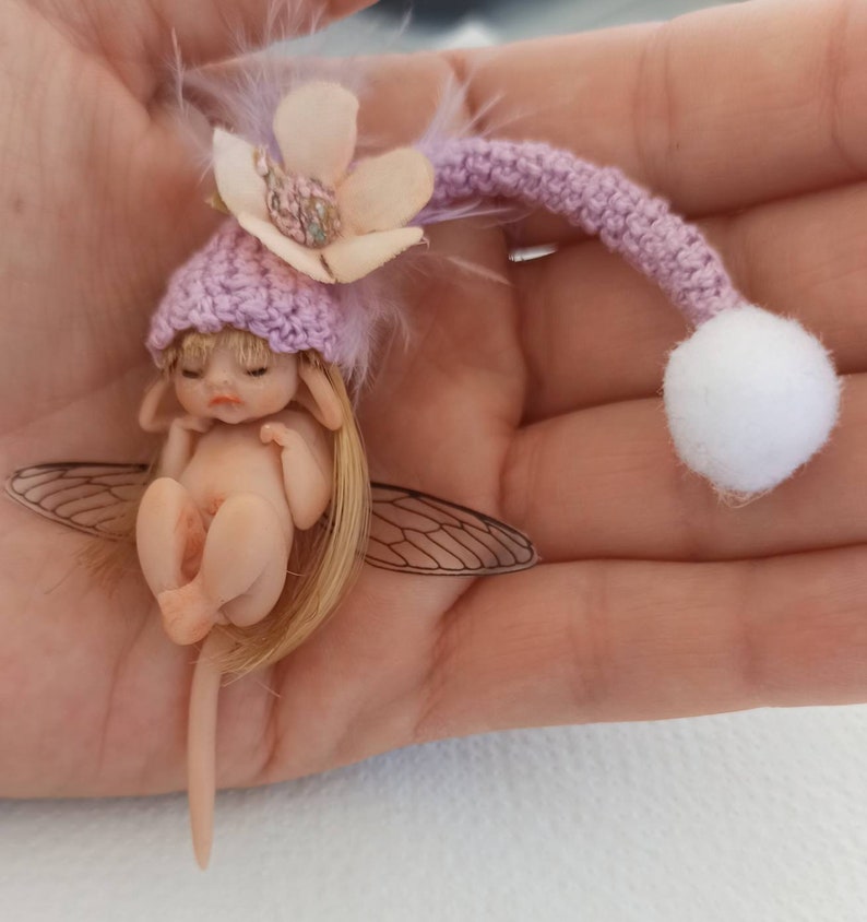 Little fairy baby with pink wool hat, realistic fantasy babies, 1:12 scale Micro newborn baby, Lovely Keepsake Gift, miniature baby image 3