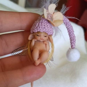 Little fairy baby with pink wool hat, realistic fantasy babies, 1:12 scale Micro newborn baby, Lovely Keepsake Gift, miniature baby image 6