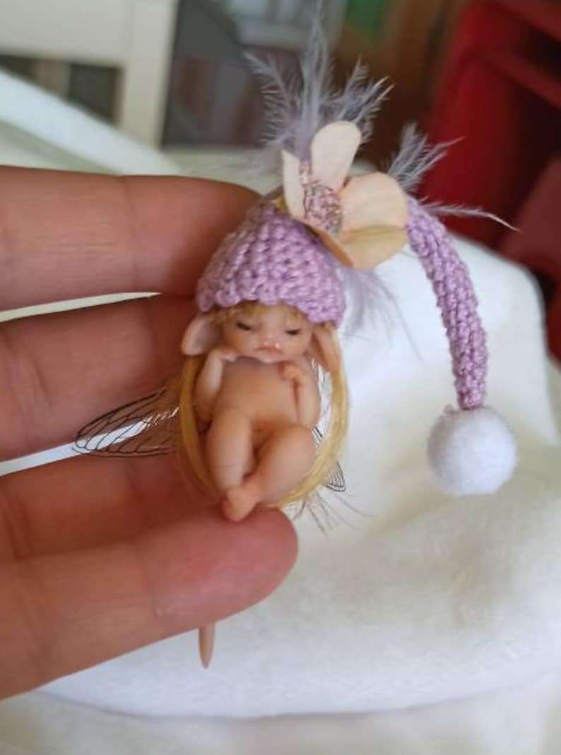 Little fairy baby with pink wool hat, realistic fantasy babies, 1:12 scale Micro newborn baby, Lovely Keepsake Gift, miniature baby image 6