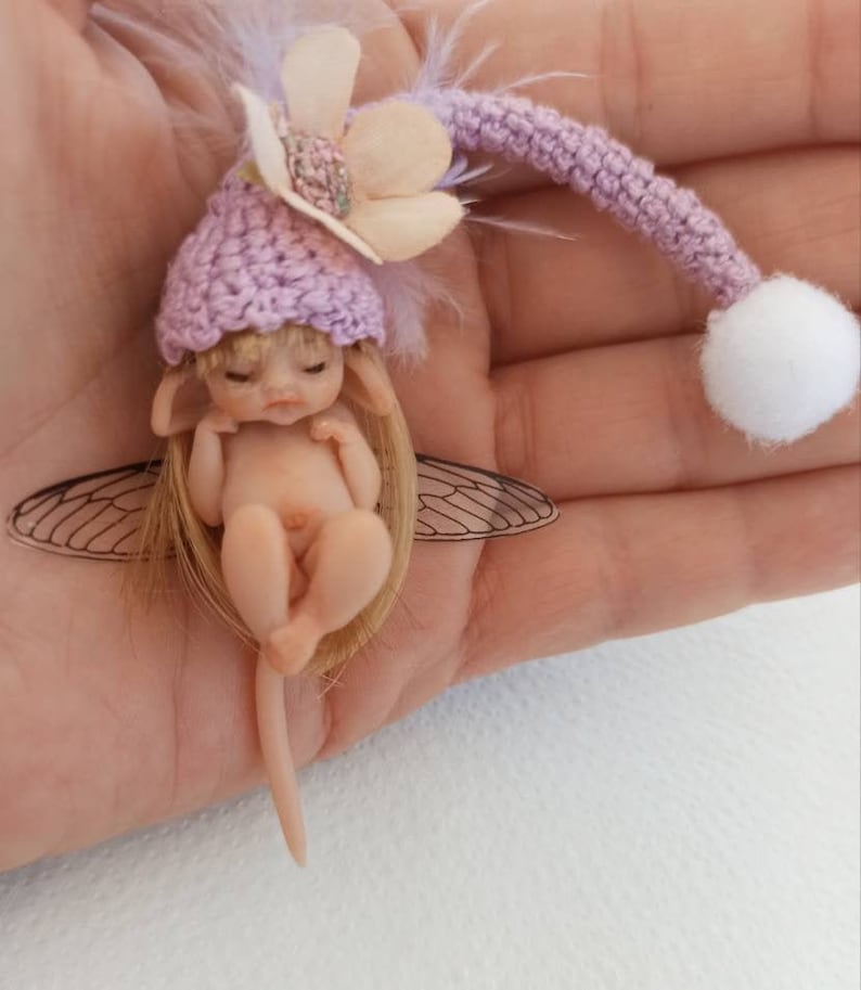 Little fairy baby with pink wool hat, realistic fantasy babies, 1:12 scale Micro newborn baby, Lovely Keepsake Gift, miniature baby image 1