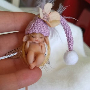 Little fairy baby with pink wool hat, realistic fantasy babies, 1:12 scale Micro newborn baby, Lovely Keepsake Gift, miniature baby image 5