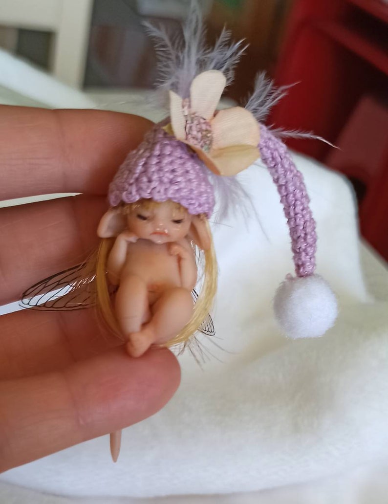 Little fairy baby with pink wool hat, realistic fantasy babies, 1:12 scale Micro newborn baby, Lovely Keepsake Gift, miniature baby image 5