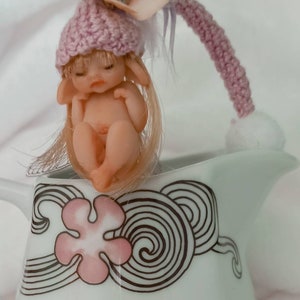 Little fairy baby with pink wool hat, realistic fantasy babies, 1:12 scale Micro newborn baby, Lovely Keepsake Gift, miniature baby image 8