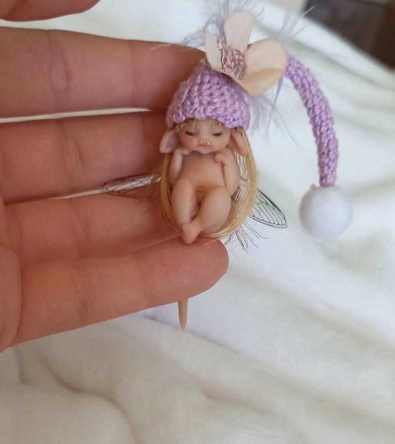 Little fairy baby with pink wool hat, realistic fantasy babies, 1:12 scale Micro newborn baby, Lovely Keepsake Gift, miniature baby image 9