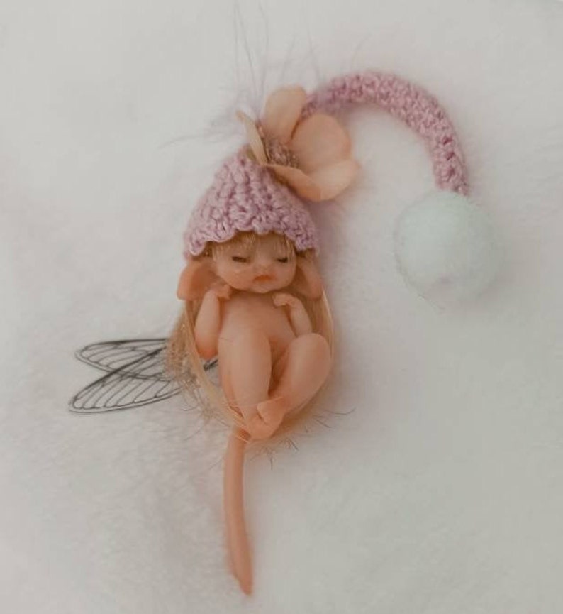 Little fairy baby with pink wool hat, realistic fantasy babies, 1:12 scale Micro newborn baby, Lovely Keepsake Gift, miniature baby image 4