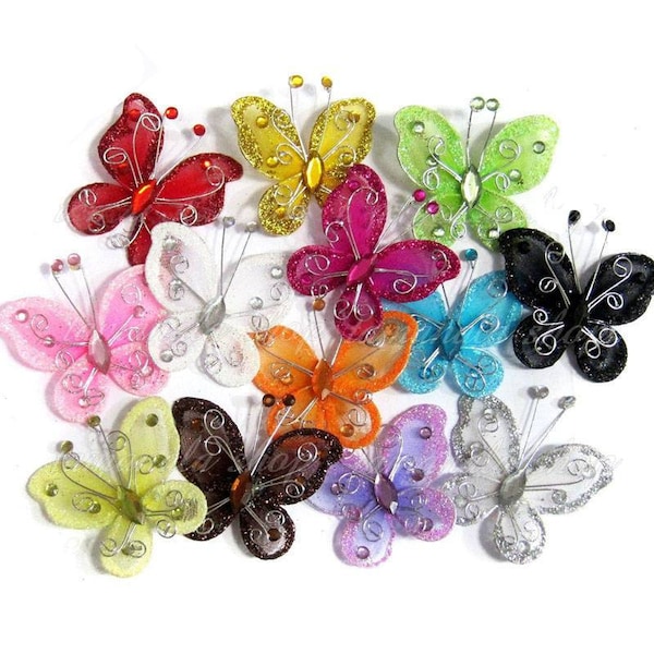 13colores 5CM 50Pcs Organza Wire Strass Butterfly pour bricolage Handmade Wedding Party Decoration