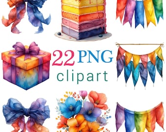 Rainbow Birthday Party Clipart: Balloons, Cakes, Hats (PNG Digital Download, Commercial Use