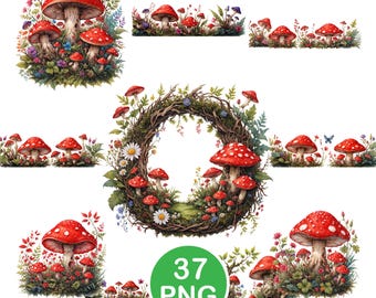 Mushroom Clipart, Watercolor Amanita PNG, Red Toadstool Forest Graphics, Digital Download