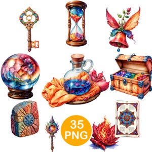 May include: Watercolor illustrations of fantasy items including a key, hourglass, bell, crystal ball, potion bottle, treasure chest, stone, staff, and a fiery flower. The image also includes a graphic with the text "35 PNG".